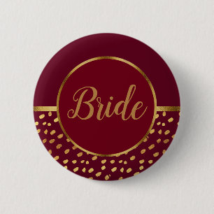 Burgundy en gouden bruiloftsknop voor de bruid ronde button 5,7 cm