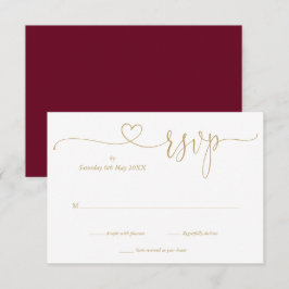 Burgundy en gouden elegante script hart  RSVP kaartje