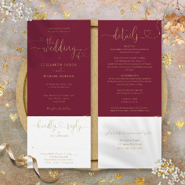 Burgundy En Gouden Hart Script All In One Trouwdag Kaart