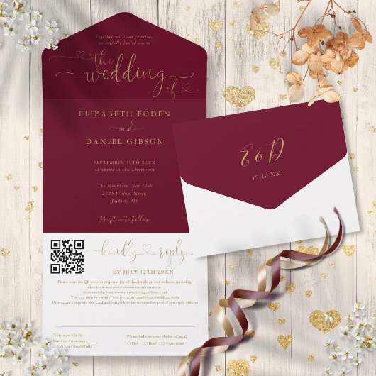 Burgundy En Gouden Hart Script QR Code Trouwdag All In One Uitnodiging