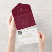 Burgundy En Gouden Hart Script QR Code Trouwdag All In One Uitnodiging (Afscheurbaar)