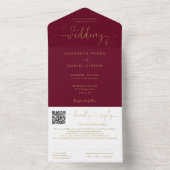 Burgundy En Gouden Hart Script QR Code Trouwdag All In One Uitnodiging (Binnen)