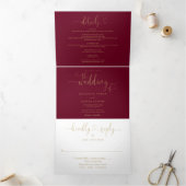 Burgundy En Gouden Hart Script Trouw Drieluik Uitnodiging (Binnen)