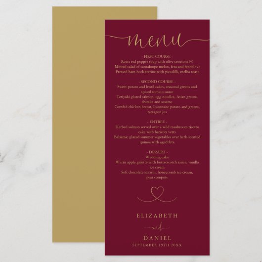 Burgundy En Gouden Hart Script Trouwdiner Menu (Voorkant / Achterkant)