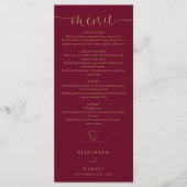 Burgundy En Gouden Hart Script Trouwdiner Menu (Voorkant)