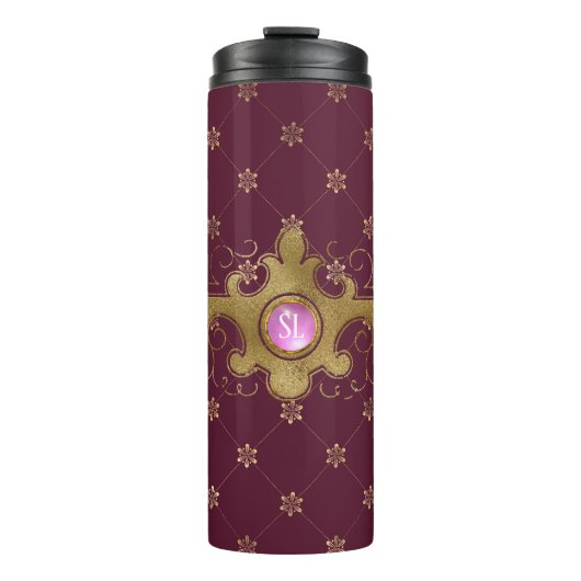 Burgundy en gouden Paris edelsteenmonogram Thermosbeker (Voorkant)