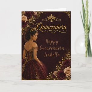 Burgundy en gouden Quinceañera Kaart