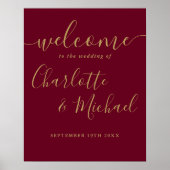 Burgundy en gouden script bruiloft welkom bord poster (Voorkant)