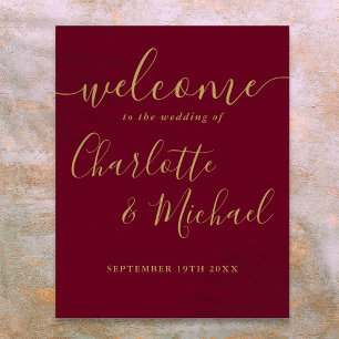 Burgundy en gouden script bruiloft welkom bord poster