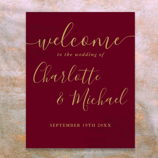 Burgundy en gouden script bruiloft welkom bord poster