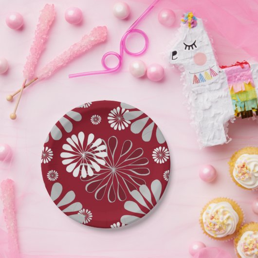 Burgundy en Gray Floral Pattern Papieren Bordje (Feest)