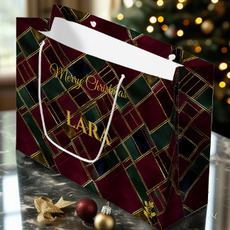 Burgundy en groene geometrische kerst aangepast groot cadeauzakje