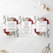Burgundy en Ivory Waterverf Rozen Wedding | Drieluik Uitnodiging (Binnen)