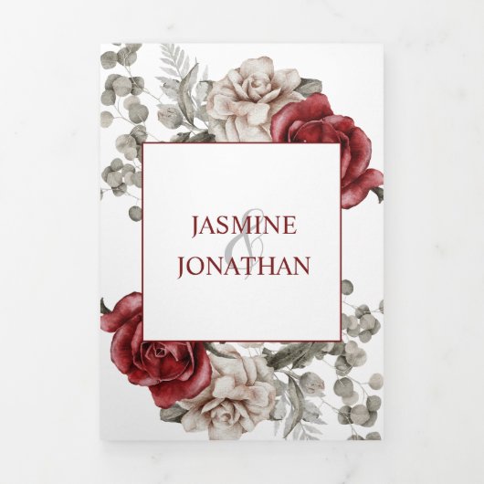 Burgundy en Ivory Waterverf Rozen Wedding | Drieluik Uitnodiging (Cover)