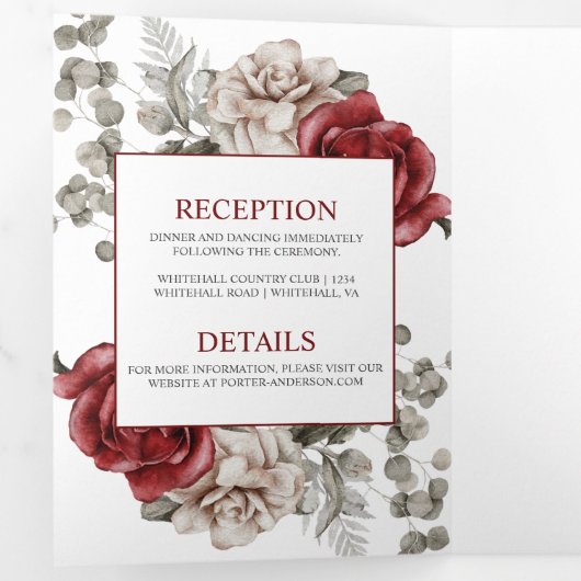 Burgundy en Ivory Waterverf Rozen Wedding | Drieluik Uitnodiging (Binnenzijde eerst)