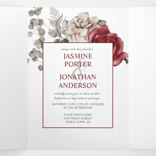 Burgundy en Ivory Waterverf Rozen Wedding | Drieluik Uitnodiging (Binnenkant midden)
