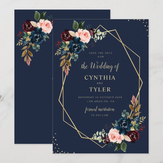 burgundy en marineblauw geometrisch sparen de datu kaart (Voorkant / Achterkant)