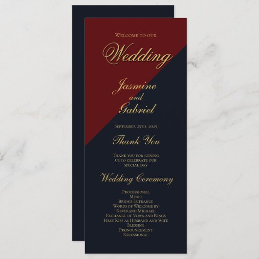 Burgundy en Navy Blue Wedding Programme Programmakaart (Voorkant / Achterkant)
