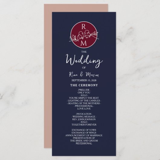 Burgundy en Navy Blue Wedding Programme Programmakaart (Voorkant / Achterkant)