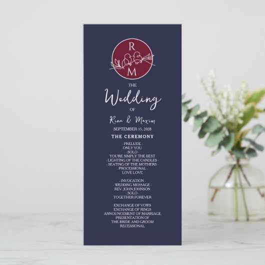 Burgundy en Navy Blue Wedding Programme Programmakaart (Staand voorkant)