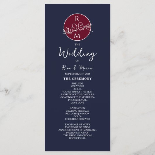 Burgundy en Navy Blue Wedding Programme Programmakaart (Voorkant)