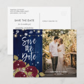 Burgundy en Navy Blue Wedding Save the Date Photo Aankondigingskaart (Voorkant / Achterkant)