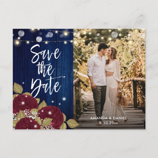 Burgundy en Navy Blue Wedding Save the Date Photo Aankondigingskaart (Voorkant)