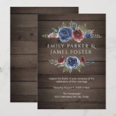 Burgundy en Navy Blush Floral Rustic Wood Weddensc Kaart (Voorkant / Achterkant)
