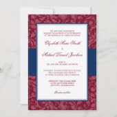 Burgundy en Navy Damask Swirl Wedding Invitations Kaart (Voorkant)