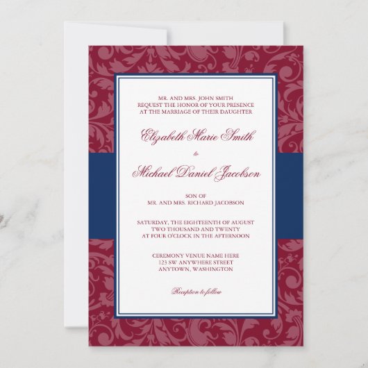 Burgundy en Navy Damask Swirl Wedding Invitations Kaart (Voorkant)