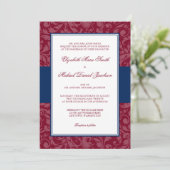 Burgundy en Navy Damask Swirl Wedding Invitations Kaart (Staand voorkant)