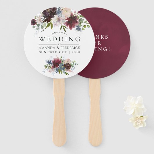 Burgundy en Navy Floral Wedding Favor Handwaaier (Voorkant en achterkant)