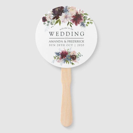 Burgundy en Navy Floral Wedding Favor Handwaaier (Voorkant)