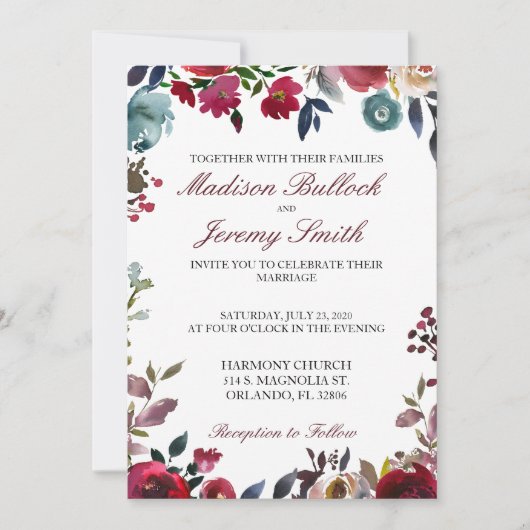 Burgundy en Navy Floral Wedding Invitation Kaart (Voorkant)