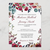Burgundy en Navy Floral Wedding Invitation Kaart (Voorkant / Achterkant)