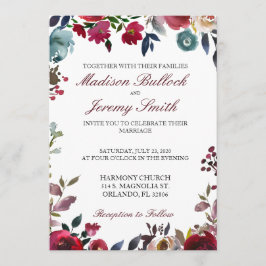 Burgundy en Navy Floral Wedding Invitation Kaart
