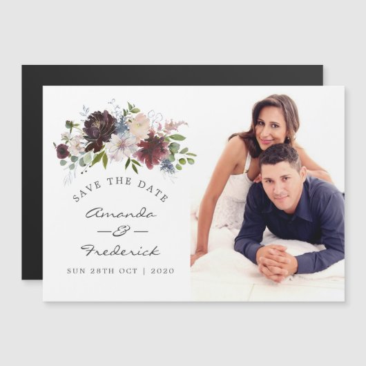 Burgundy en Navy Floral Wedding Save the Date Magnetische Uitnodiging (Voorkant / Achterkant)