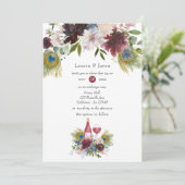 Burgundy en Navy Peacock Wine met gemarteld huweli Kaart (Staand voorkant)