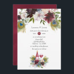 Burgundy en Navy Peacock Wine met gemarteld huweli Kaart<br><div class="desc">Trendy bordo - marsala en marineblauwe wijn met de naam peafowl bruiloft,  met de letters dusty blue,  blush roze,  pruimen en roos goud met het wild bos euycalipus greenery.</div>