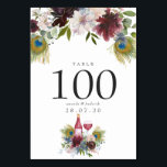 Burgundy en Navy Peacock Wine met gemarteld huweli Kaart<br><div class="desc">Trendy bordo - marsala en marineblauwe wijn met de naam peafowl bruiloft table number cards met stoffige blauwe,  wazige roze,  pruimen en roos goudkleurige accenten met wilde bossen met eucalyptusgroen.</div>