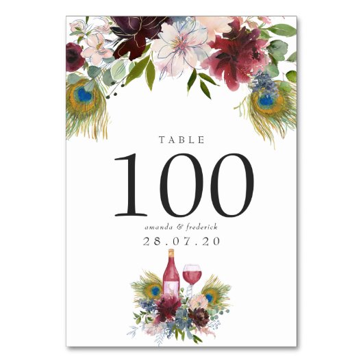 Burgundy en Navy Peacock Wine met gemarteld huweli Kaart (Voorkant)