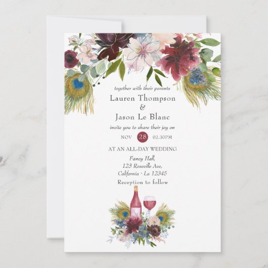 Burgundy en Navy Peacock Wine met gemarteld huweli Kaart (Voorkant)