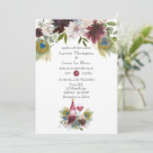 Burgundy en Navy Peacock Wine met gemarteld huweli Kaart (Staand voorkant)