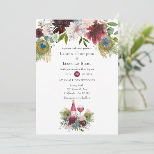 Burgundy en Navy Peacock Wine met gemarteld huweli Kaart (Staand voorkant)