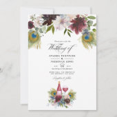 Burgundy en Navy Peacock Wine met gemarteld huweli Kaart (Voorkant)