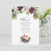 Burgundy en Navy Peacock Wine met gemarteld huweli Kaart (Staand voorkant)