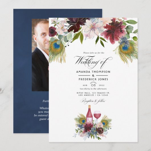 Burgundy en Navy Peacock Wine met gemarteld huweli Kaart (Voorkant / Achterkant)