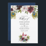 Burgundy en Navy Peacock Wine met gemarteld huweli Kaart<br><div class="desc">Trendy bordo - marsala en navy blue wine-themed peafowl bruiloft met accenten van stoffig blauw, wazige roze, pruimen en roos goud met wilde bossen met eucalyptusgroen. Ideaal voor een bepaald thema of een tuinbruiloft. De foto op het achterste is facultatief. Als u eerder het zou verwijderen, scrol neer aan de...</div>