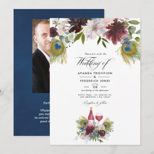 Burgundy en Navy Peacock Wine met gemarteld huweli Kaart