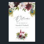 Burgundy en Navy Peacock Wine met gemarteld huweli Poster<br><div class="desc">Trendy bordo - marsala en navy blue wine met de naam peafowl bruiloft welkome poster met de accenten van stoffig blauw,  wazige roze,  pruimen en roos goud met wilde bossen met eucalyptus greenery.</div>